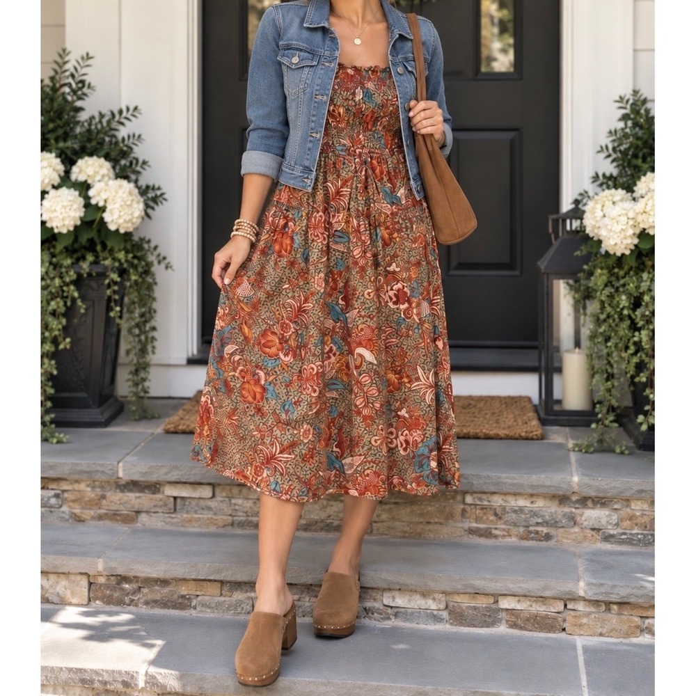 Ulla Johnson Cotton Brown Floral Smocked Midi Dress Boho Cottagecore Prairie